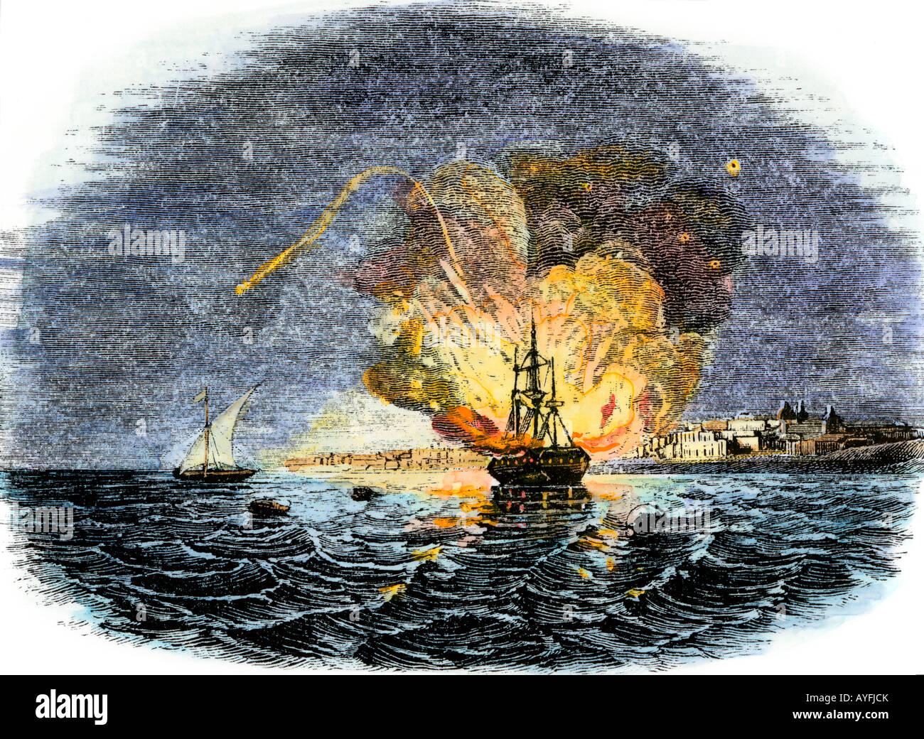 Das Brennen der amerikanischen Schiff Philadelphia von Barbaresken in Tripolis Hafen 1804 statt. Hand - farbige Holzschnitt Stockfoto