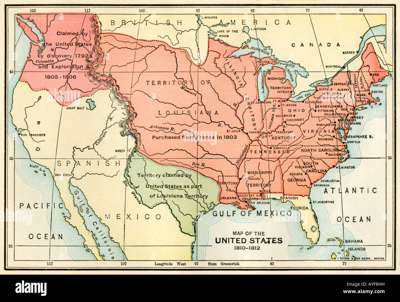 Karte von der U S Grenzstreitigkeiten mit Spanien und Großbritannien 1810 bis 1812. Farblithographie Stockfoto