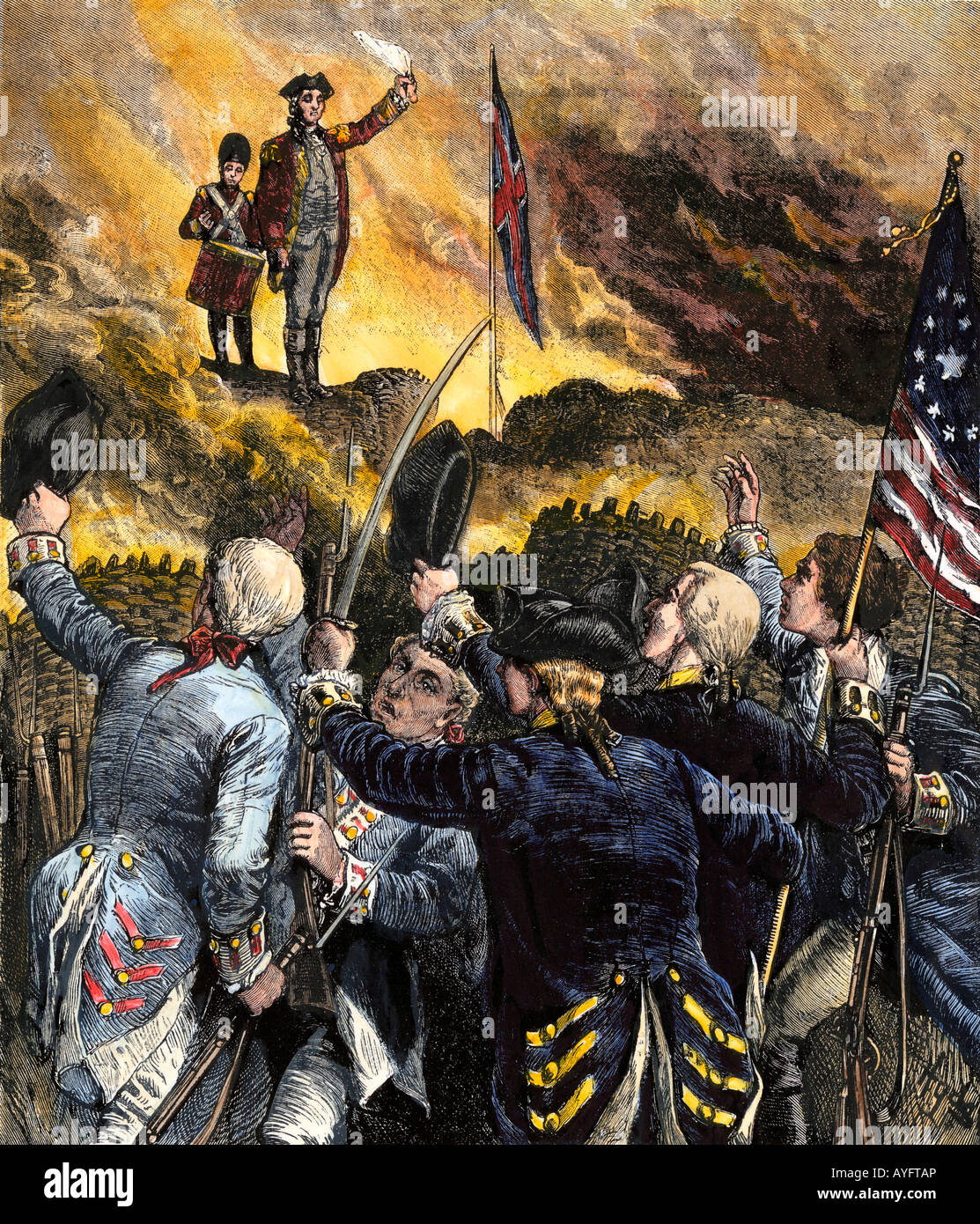 Britische signal Kapitulation nach der Belagerung von Yorktown 1781 Beendigung der militärischen Aktionen in der amerikanischen Revolution. Hand - farbige Holzschnitt Stockfoto
