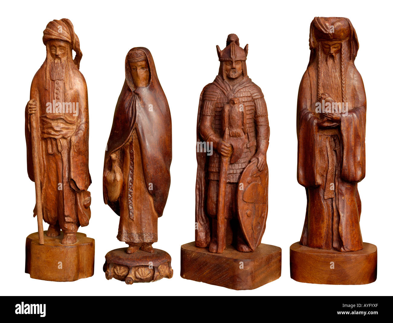 Vier hölzerne Skulpturen Stockfoto