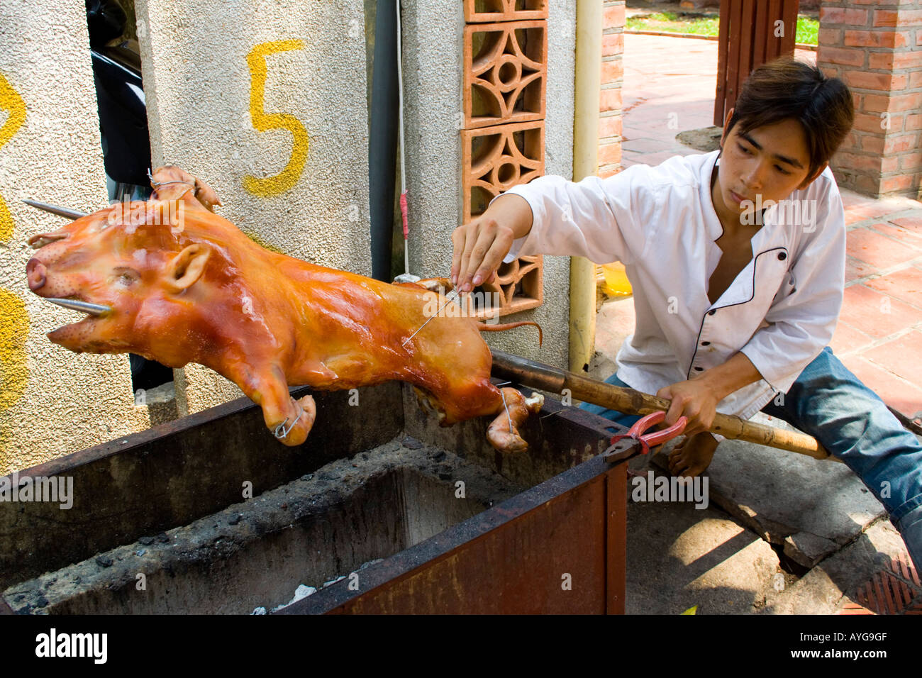 Junger Mann rösten ein Schwein über ein offener Grill-Hanoi-Vietnam Stockfoto