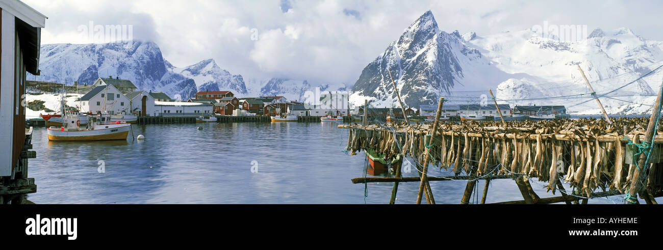 Stock Fisch auf Gestellen mit Fischerbooten am Dorf von Hamnoy auf der Insel Moskenes in Nordnorwegen Lofotens trocknen Stockfoto