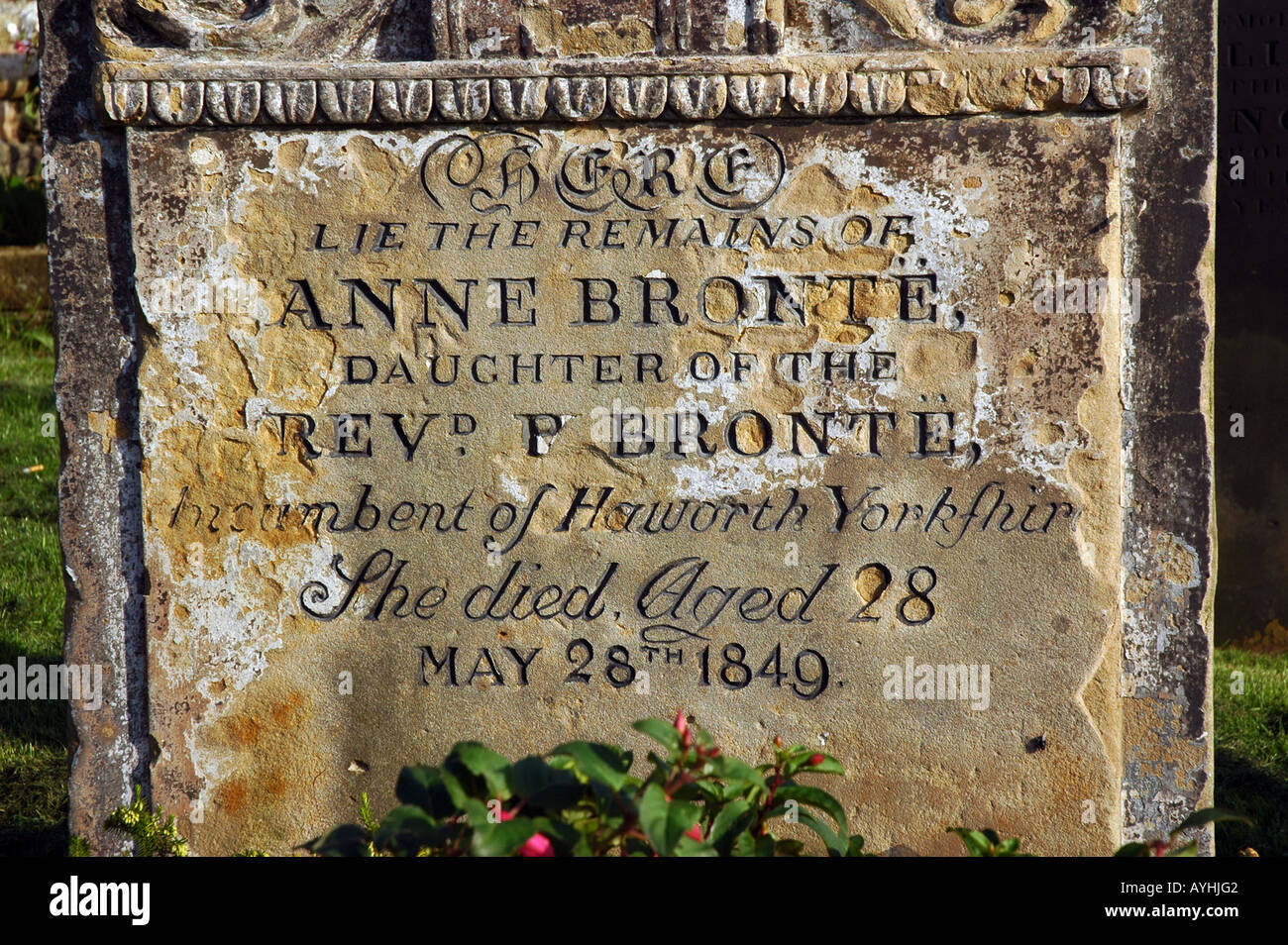 Detail der Anne Brontes Grabes, Scarborough, Yorkshire. Stockfoto