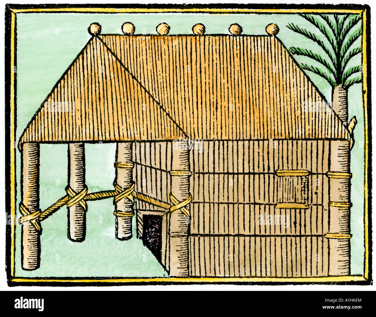 Native Haus auf Hispaniola 1500. Hand - farbige Holzschnitt Stockfoto