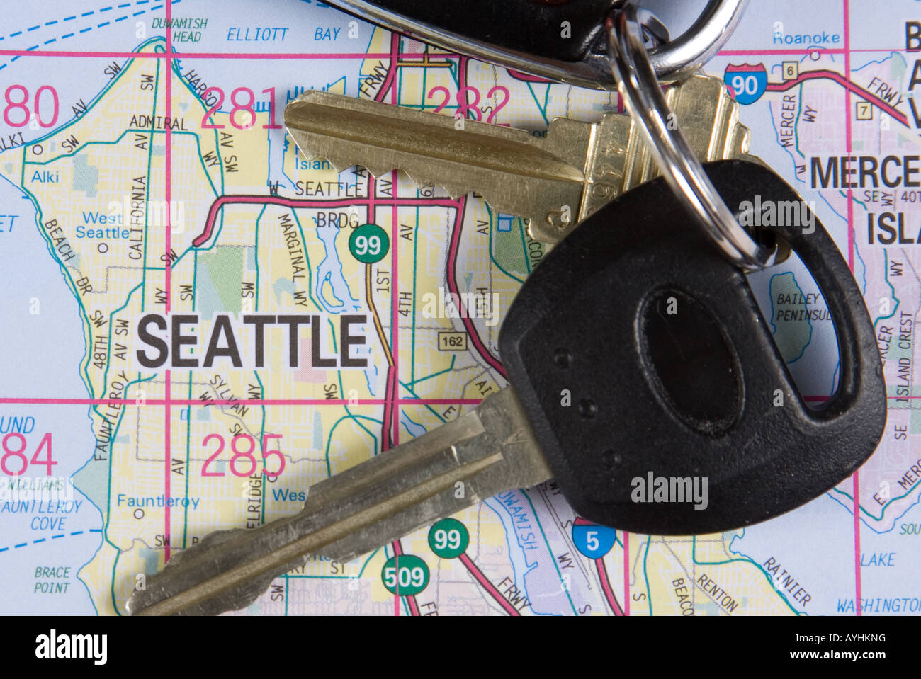 Satz von Schlüsseln in Seattle, Washington Karte Stockfoto