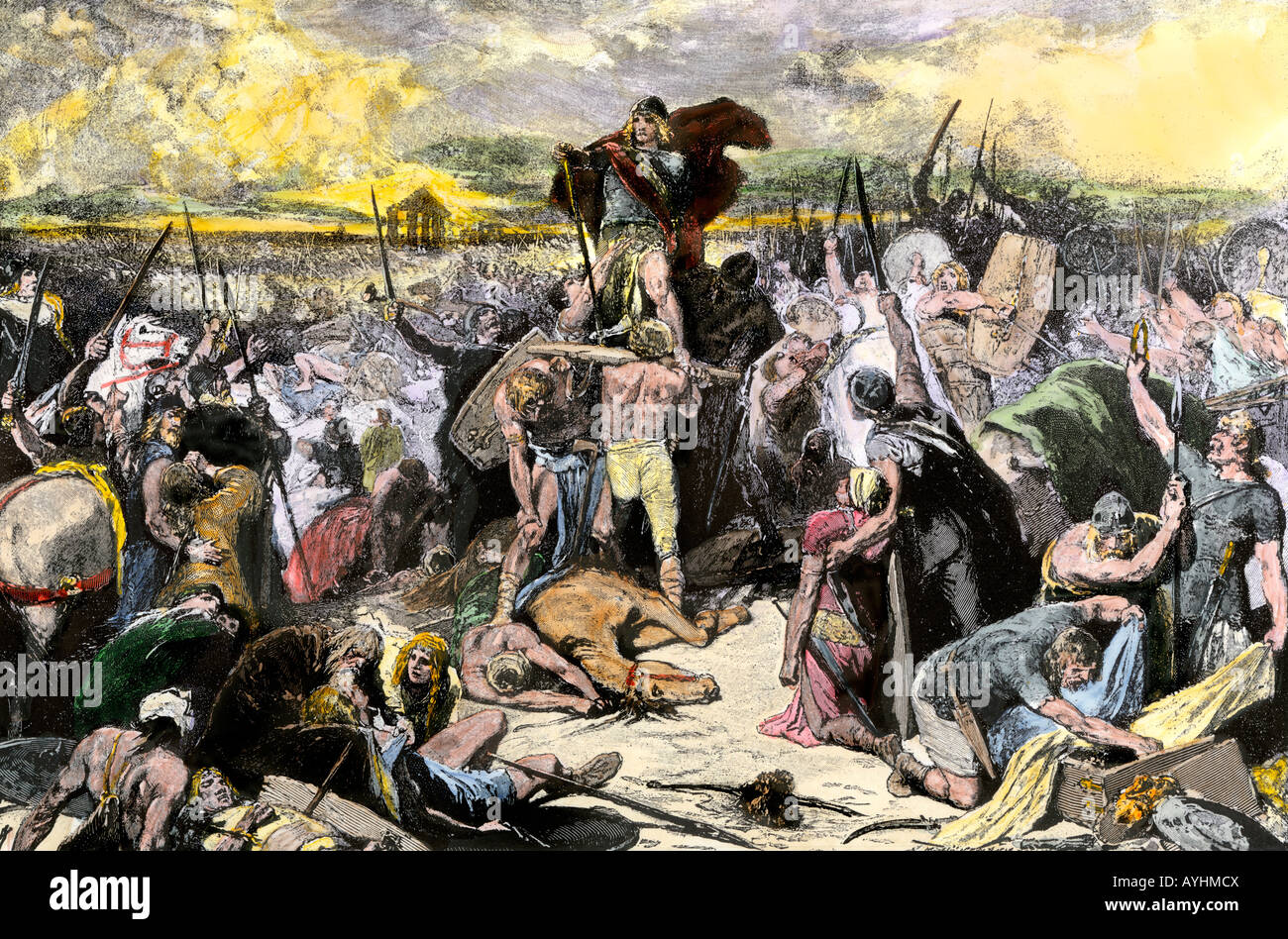 Thorismond zum König der Westgoten in der Nähe von Chalons nach dem Sieg über Attila und die Hunnen 451 AD. Hand - farbige Holzschnitt Stockfoto