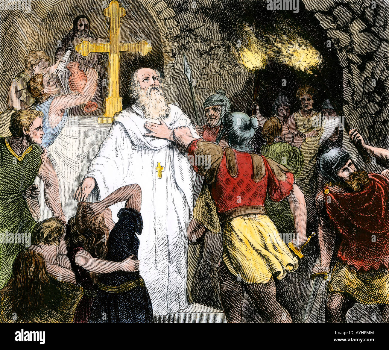 Christen in den Katakomben von römischen Soldaten verhaftet. Hand - farbige Holzschnitt Stockfoto