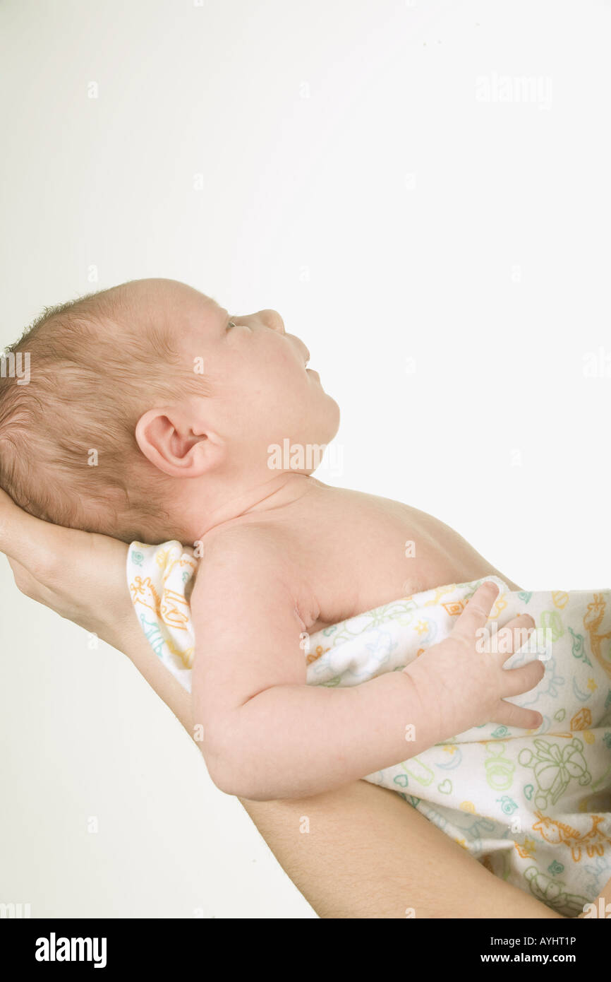 Baby im Studio gehalten. Stockfoto