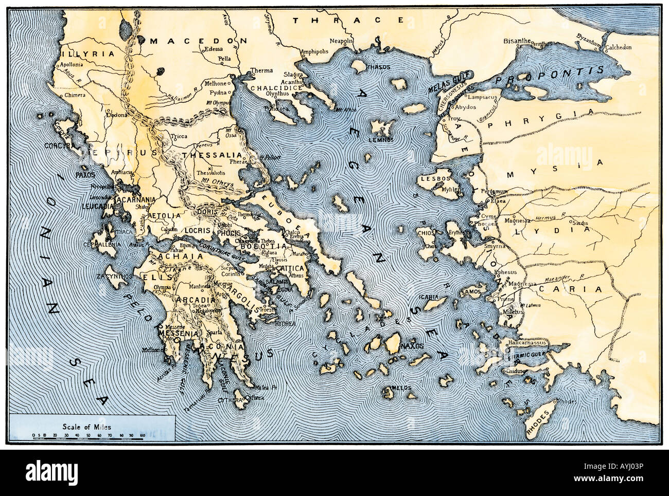 Karte des antiken Griechenland und seinen Kolonien. Hand - farbige Holzschnitt Stockfoto