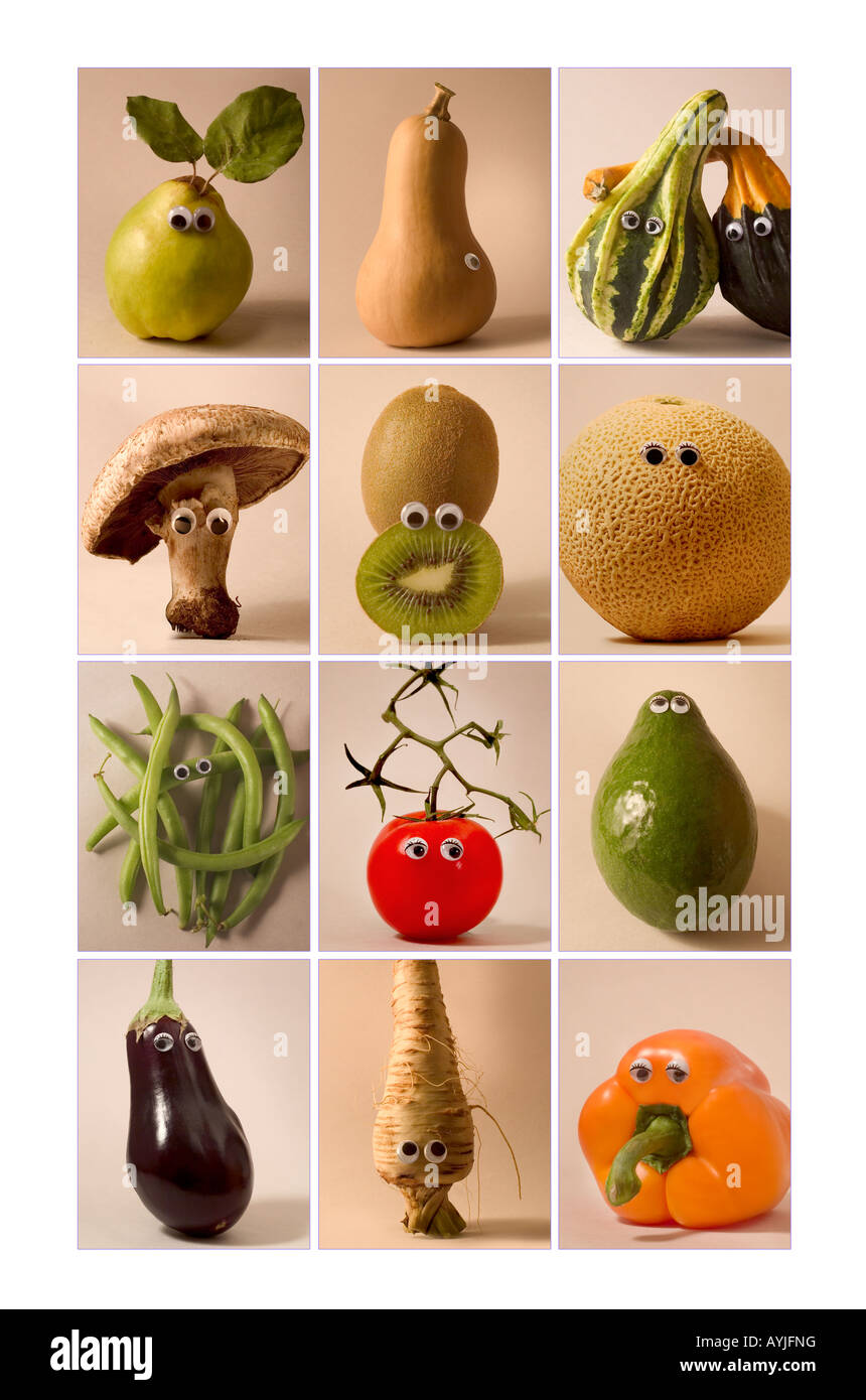 Verbund aus zwölf Fotos von verschiedenen Obst und Gemüse mit Spielzeug  Augen Stockfotografie - Alamy