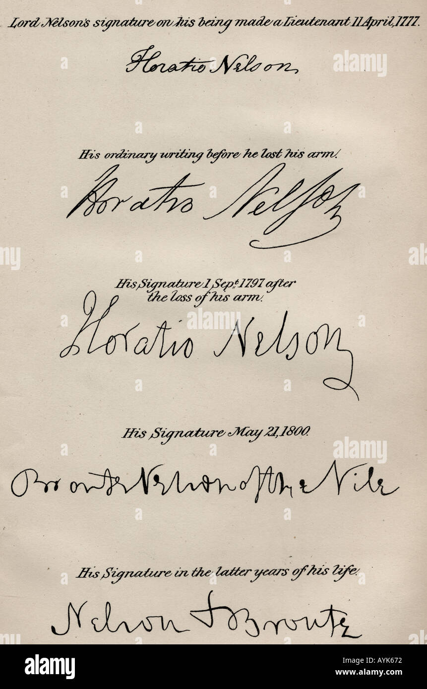 Lord Nelson Signaturen. Horatio Nelson, Lord Nelson, Viscount Nelson, 1758 - 1805. British Naval Commander. Stockfoto