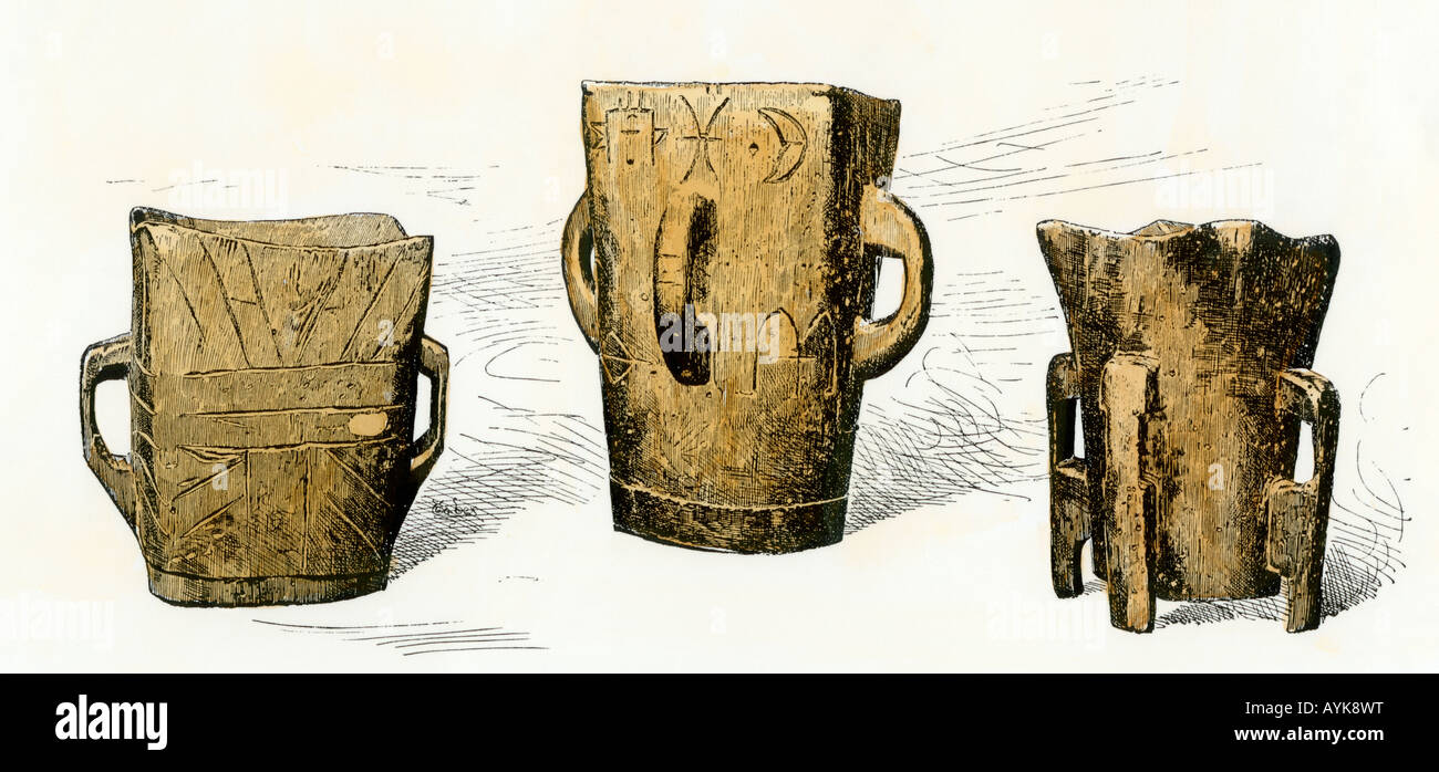 Alte keltische Trinkgefäße aus Holz. Hand - farbige Holzschnitt Stockfoto