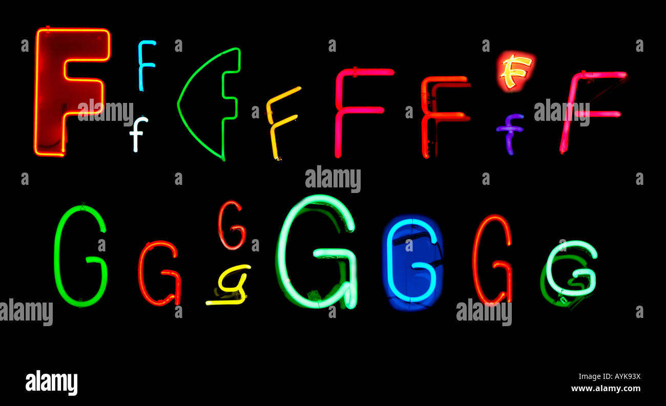 Neon-Buchstaben F und G gesammelt von Leuchtreklamen für Design-Elemente Stockfoto