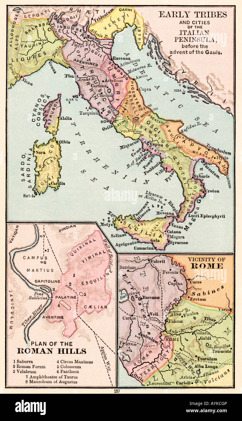 Karte von frühen Stämme in Italien und der römischen Hügel bis in die Nähe des antiken Roms. Farblithographie Stockfoto
