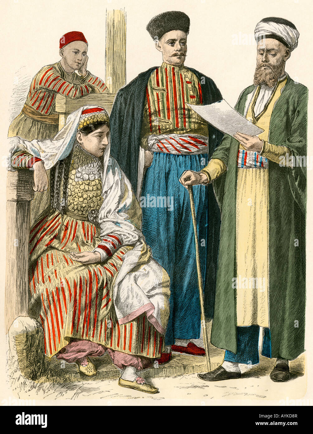 Die russischen Tataren aus der Krim in ihrer eigenen Kleidung. Hand-farbig drucken Stockfoto