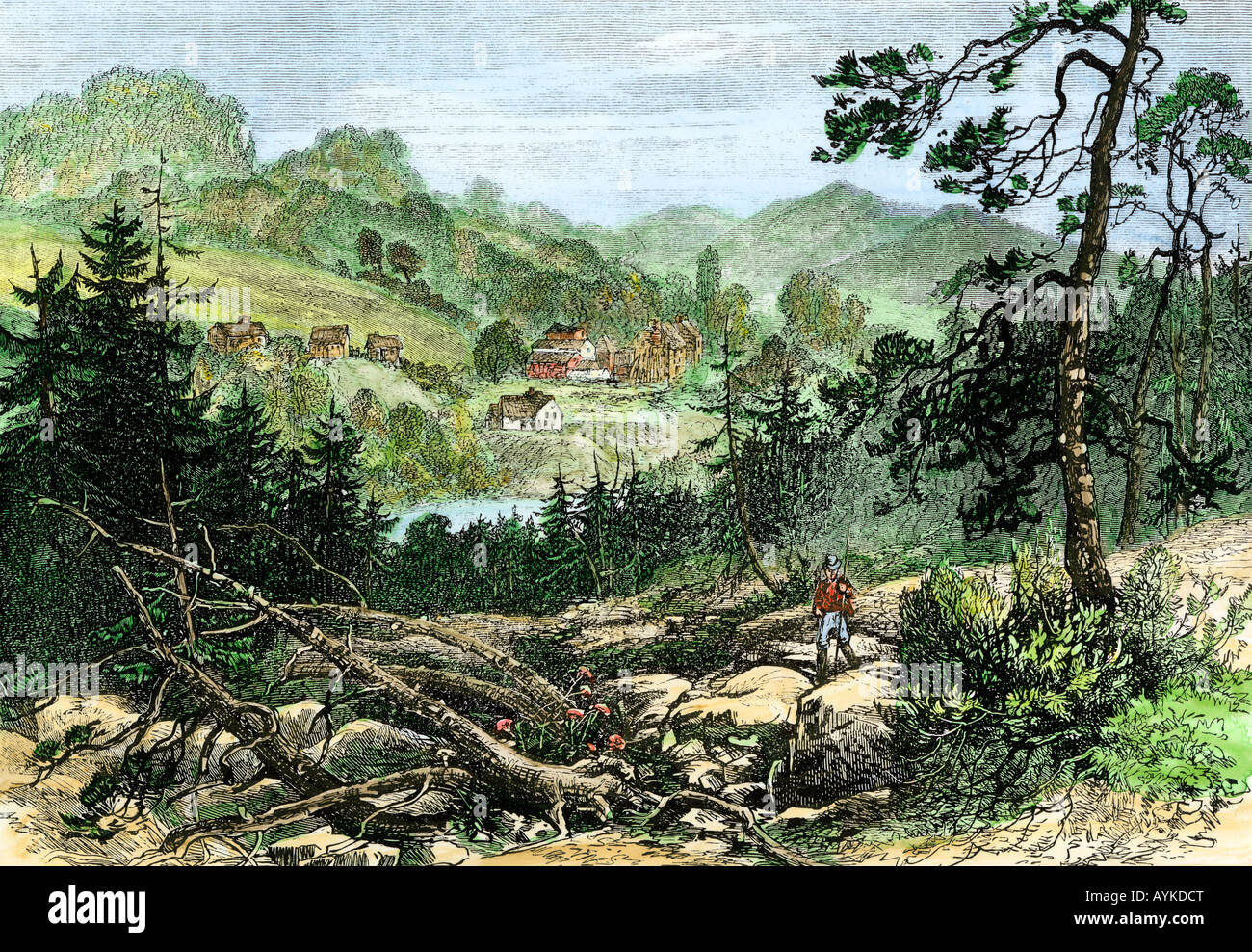 Canadian Pioneer Settlement an der Grenze 1800. Hand - farbige Holzschnitt Stockfoto