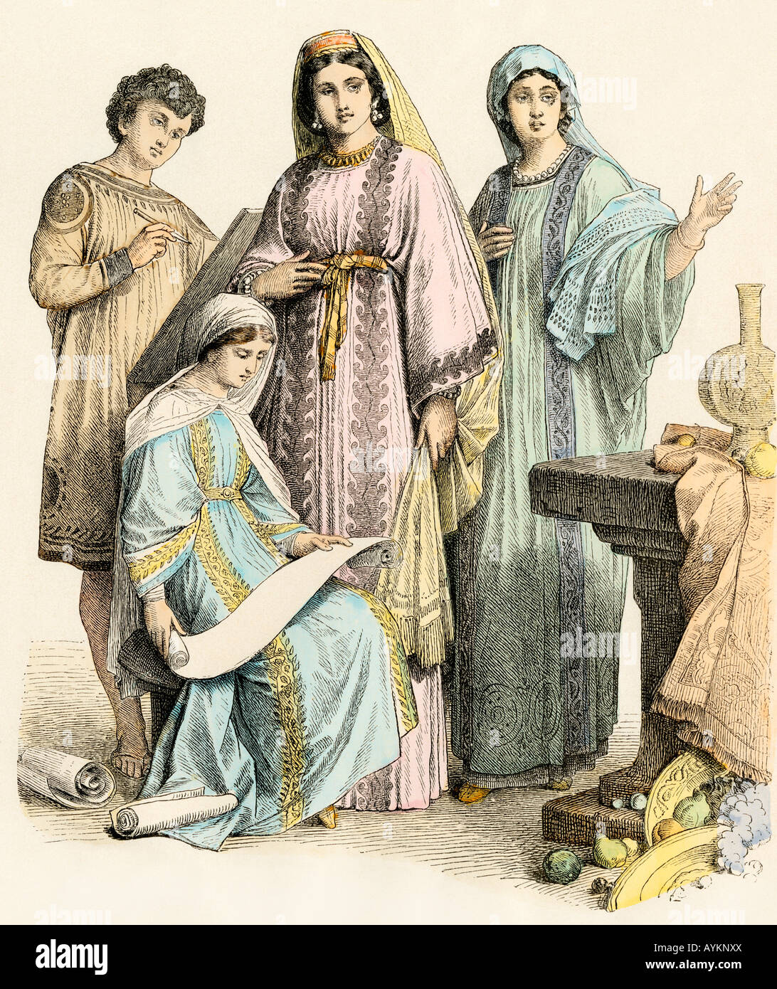 Die frühen Christen lesen ein Buch in der Zeit des Römischen Reiches. Hand-farbig drucken Stockfoto