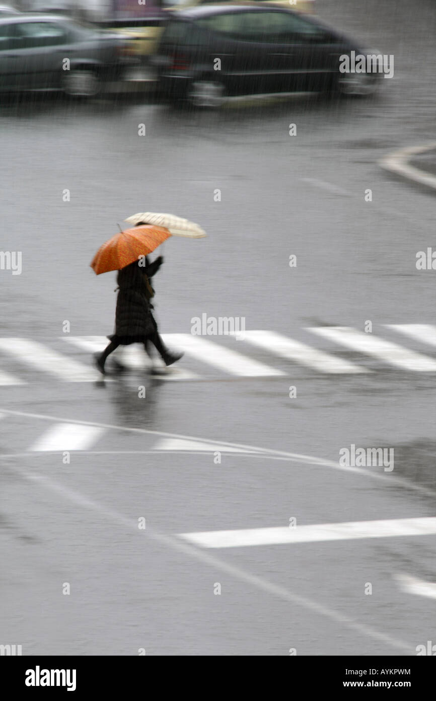 Menschen mit Regenschirmen über Straße im Regen Stockfoto