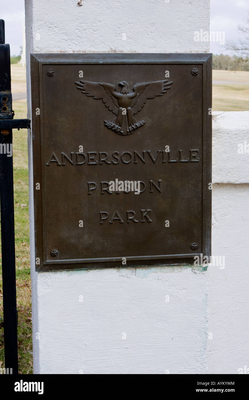 Bronzetafel am Eingang zu den Andersonville bürgerlichen Krieg Ära National Militärfriedhof in Macon County Georgia USA Stockfoto