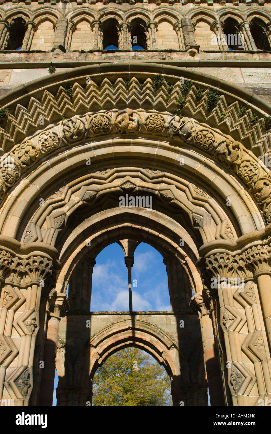 Jedburgh Abbey des 12. Jahrhunderts schottischen Grenze, gegründet von König David 1. als Verteidigungs- und sozialen Wirtschaftsmetropole West Prozessionsweg Tür Stockfoto