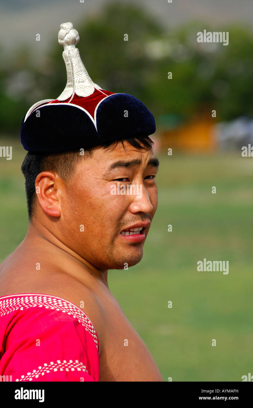 Traditioneller mongolischer Wrestler beim Naadam Festival in Ulaanbaatar, Mongolei Stockfoto