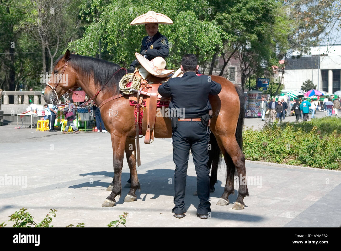 Polizei mit Sombreros auf Pferde in Mexiko-Stadt montiert Stockfoto