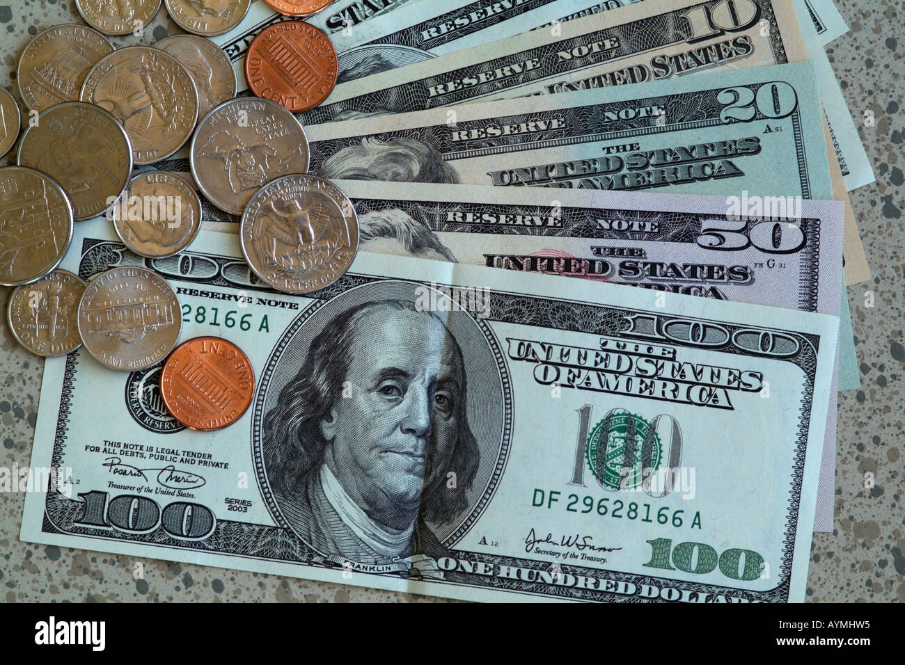 Amerikanische Währung. Dollar-Noten und Münzen. USA Stockfoto