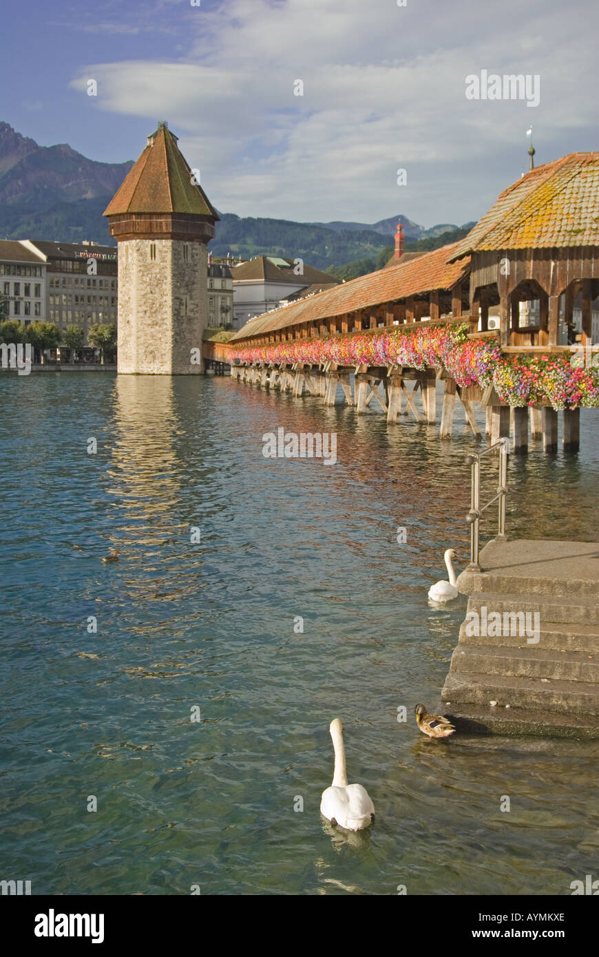 Luzern / Luzern, Schweiz. Kapellbrucke (Kapellbrücke) 1333 gebaut und rekonstruiert nach dem Großbrand im Jahre 1993 Stockfoto