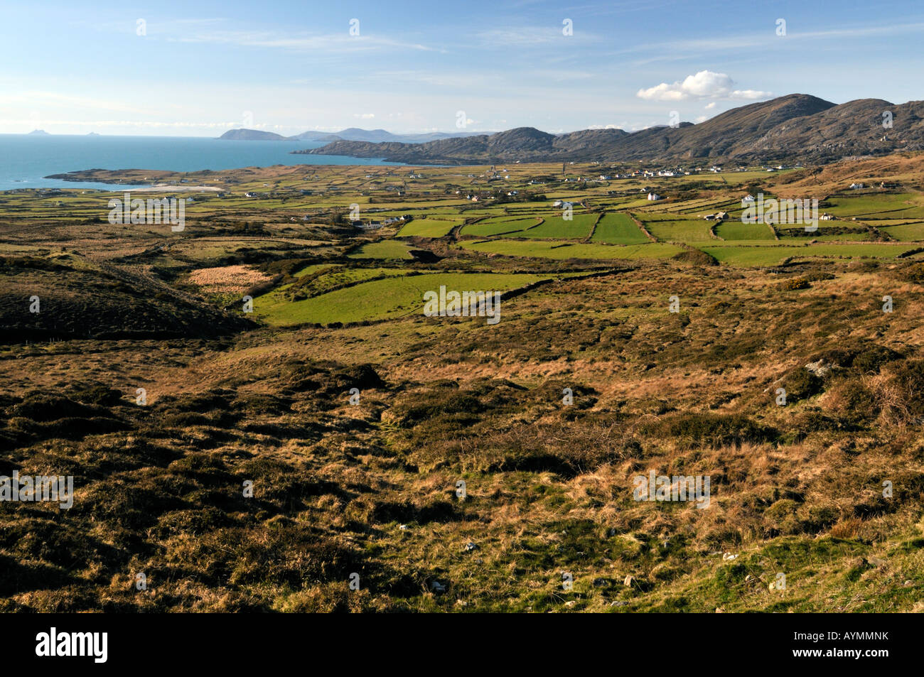 Schroffe Küstenlandschaft und blauer Himmel entlang der Beara Halbinsel, west cork Irland Stockfoto