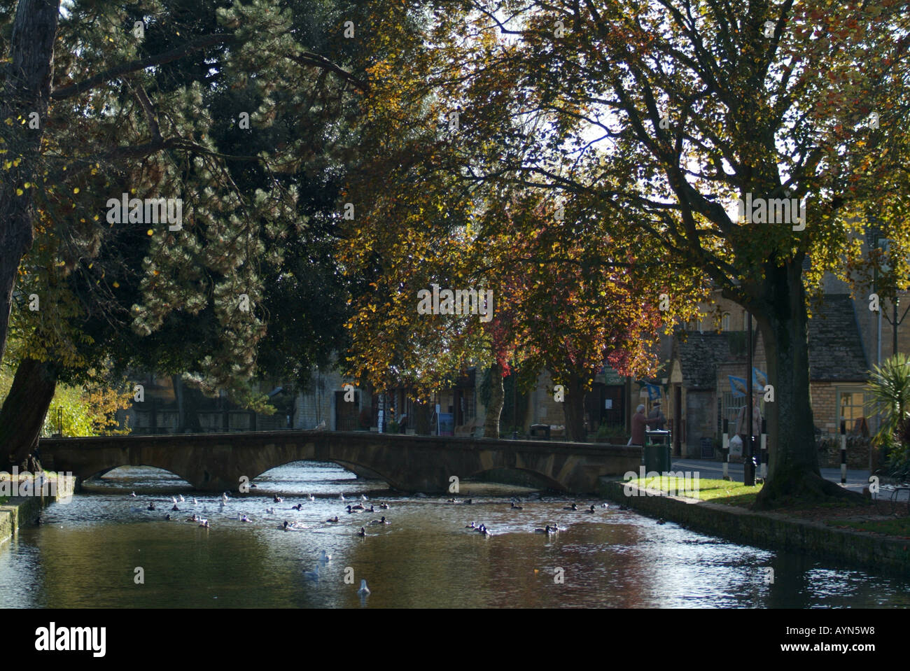 Brücke über den Fluss Windrush durch Bourton-on-the-Water, Gloucestershire, Cotswolds, England, UK. Stockfoto