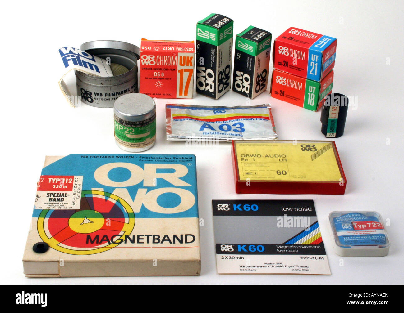 Elektronik, Foto / Film / Video, Verpackungsbeispiele aus ORWO, produziert vom Kombinat Filmfabrik Wolfen, DDR, seit 1963 / 1964, Stockfoto
