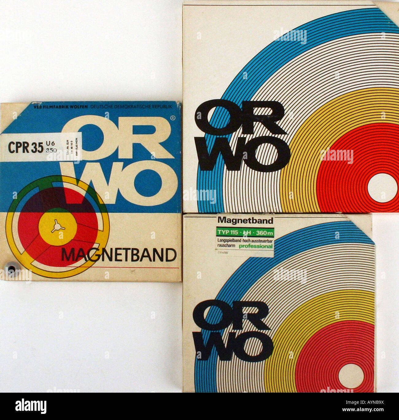 Elektronik, Foto / Film / Video, Verpackung Magneton-Band-Beispiele aus ORWO, produziert vom Volkswerk Wolfen, DDR, seit 1963 / 1964, Stockfoto