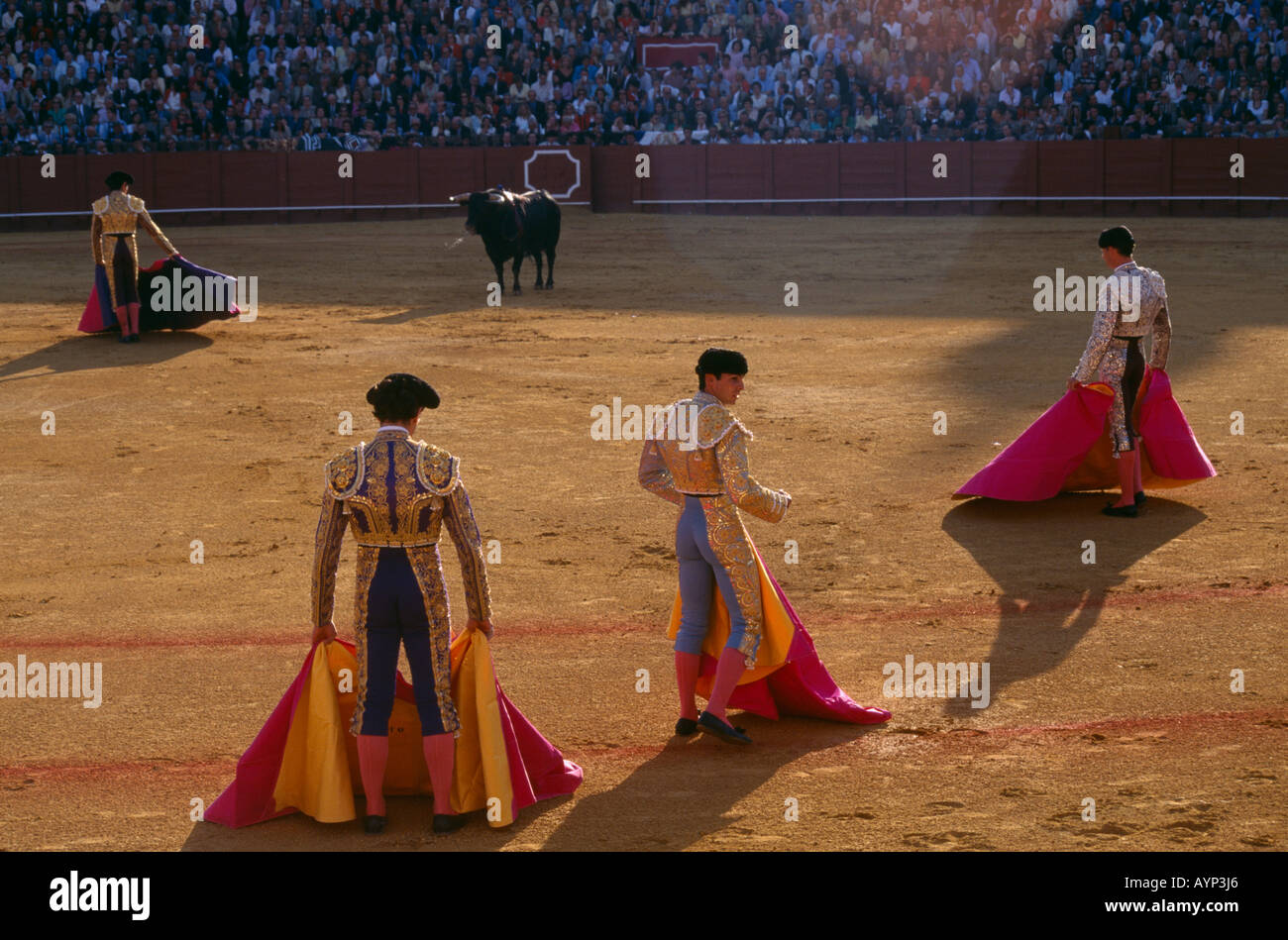 Spanien Andalusien Sevilla Arenal Stierkampfarena Matador vor der Stier hält Cape mit drei Assistenten im Vordergrund stehen Stockfoto