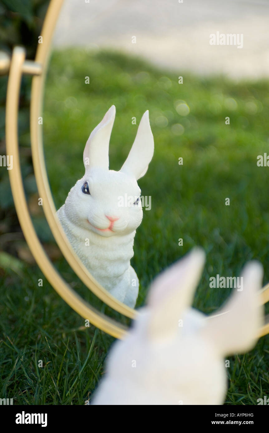 Eine surreale Szene eines Spielzeugs White Rabbit, betrachtet sich im Spiegel. Fantasie und träumen wie. Stockfoto