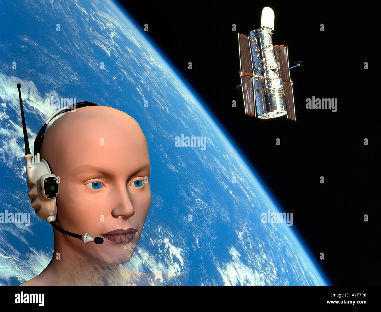 3D Computer generierte weibliche Roboter mit bionischen Kopfhörer und digitale NASA-Blick auf die Erde aus dem Weltraum Stockfoto