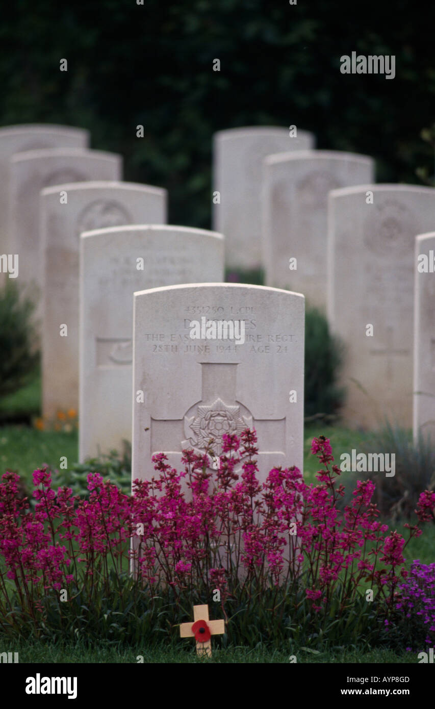 Frankreich Normany Hermanville Grabsteine auf dem britischen 2. Weltkrieg WWII Militärfriedhof mit roter Mohn auf ein hölzernes Kreuz Stockfoto