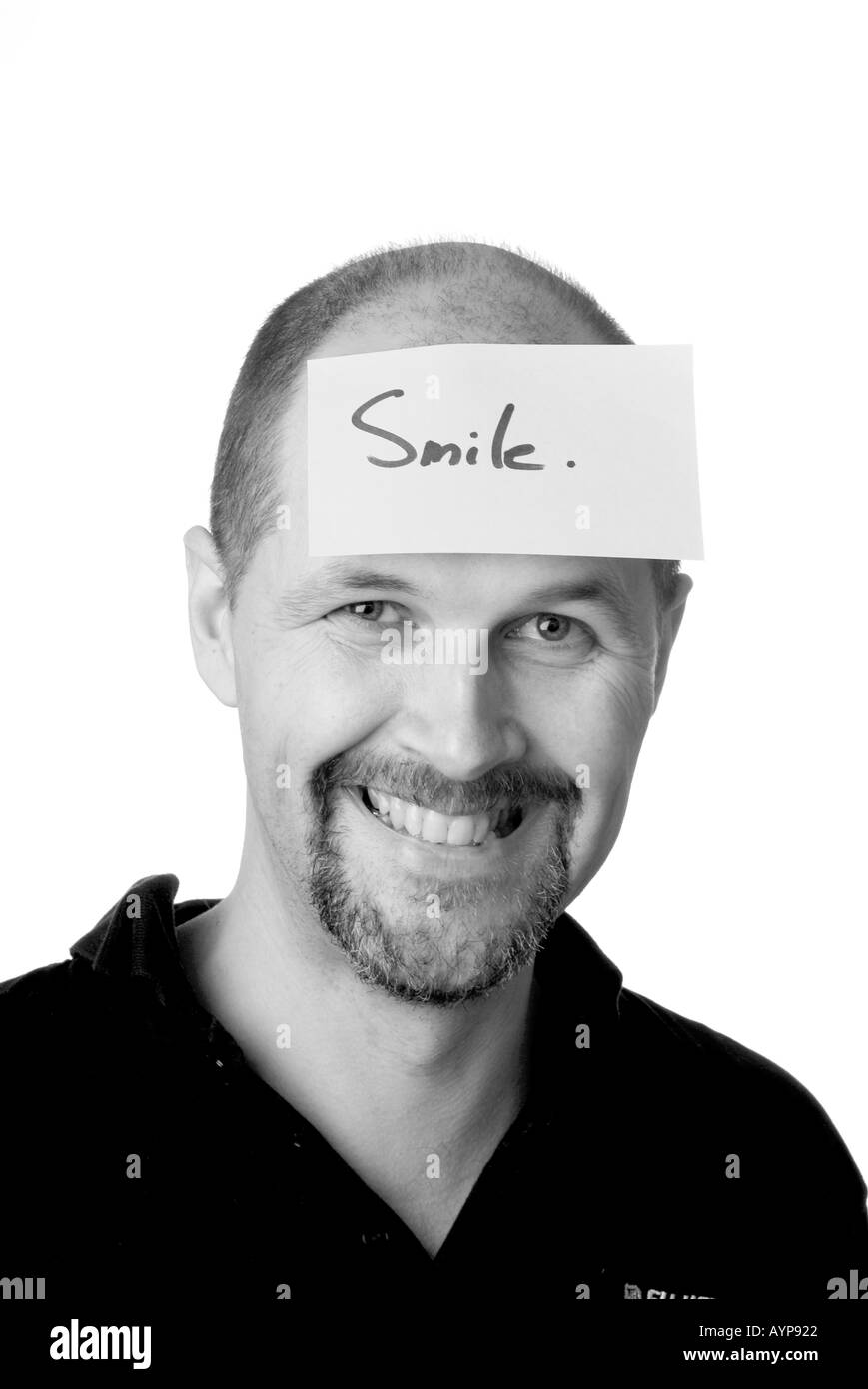 Stimmung dachte Idee betrachten Depressionen mürrischen glückliches Lächeln Gehirn Gesichtsausdruck Stirnrunzeln stirnrunzelnd Mann Spitzbart Bart launisch ja Stockfoto