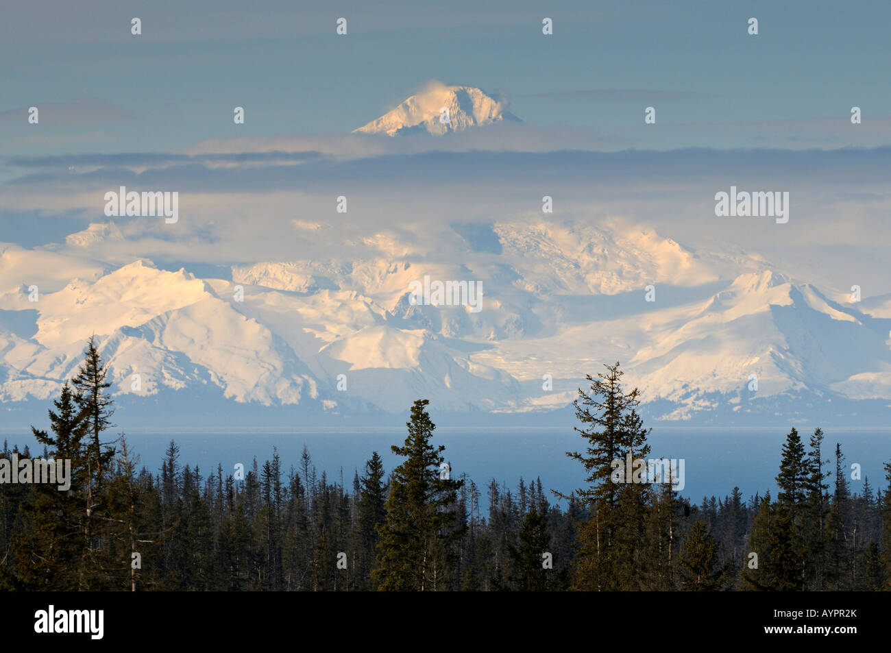 Iliamna Vulkan, Teil der "Ring Of Fire" entlang der Küste der Halbinsel Kenai, Alaska, USA Stockfoto