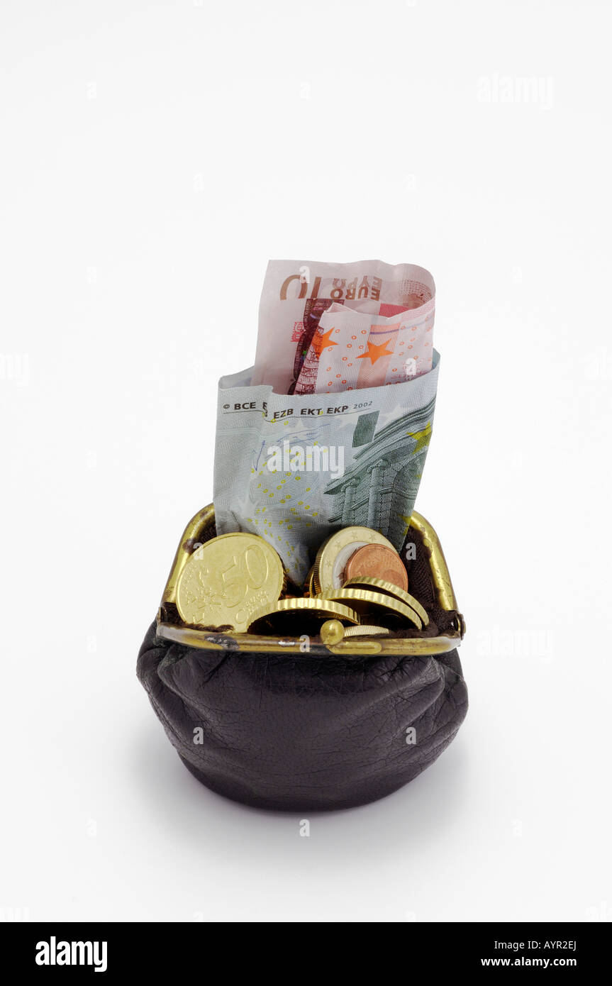 Brieftasche mit Euro, Bargeld und Münzen gefüllt Stockfoto