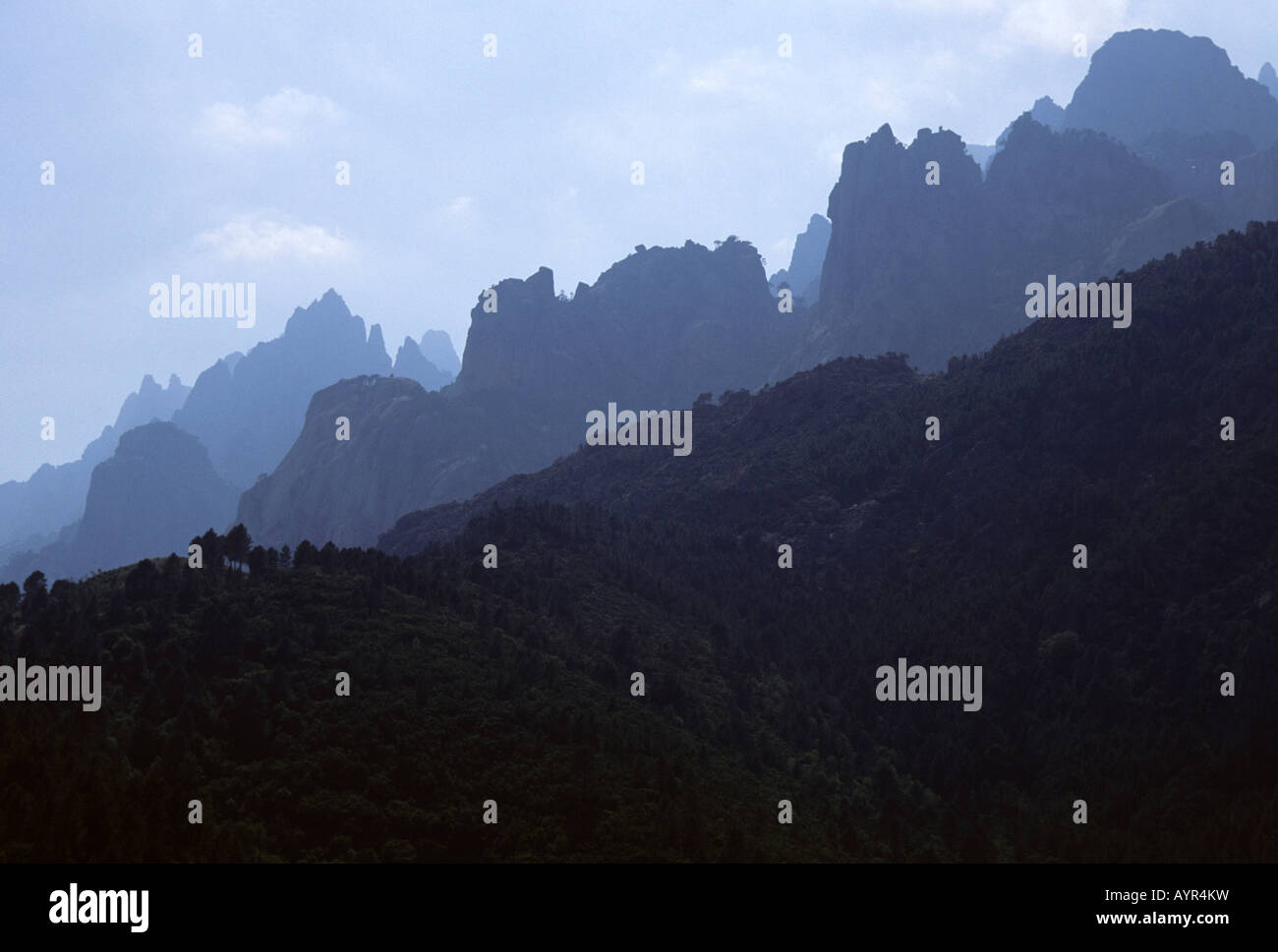 Gipfel der Aiguilles de Bavella in der Hintergrundbeleuchtung, Korsika, Frankreich Stockfoto