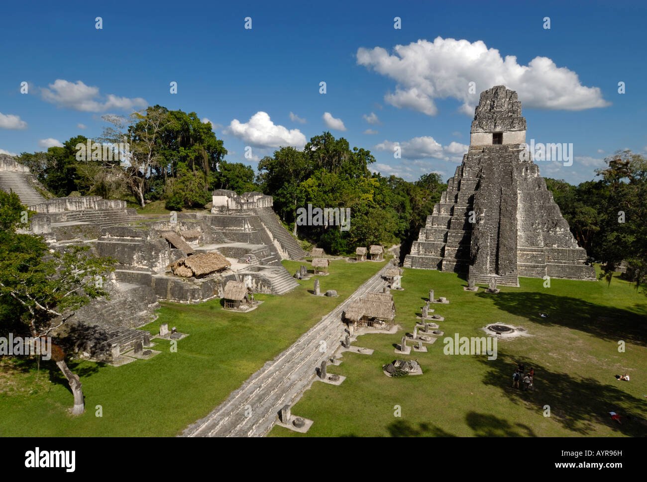Tikal, Maya-Ruinen, Blick vom Tempel II in Richtung Tempel I, Tempel des riesigen Jaguar und der Gran Plaza, Halbinsel Yucatán Gua Stockfoto