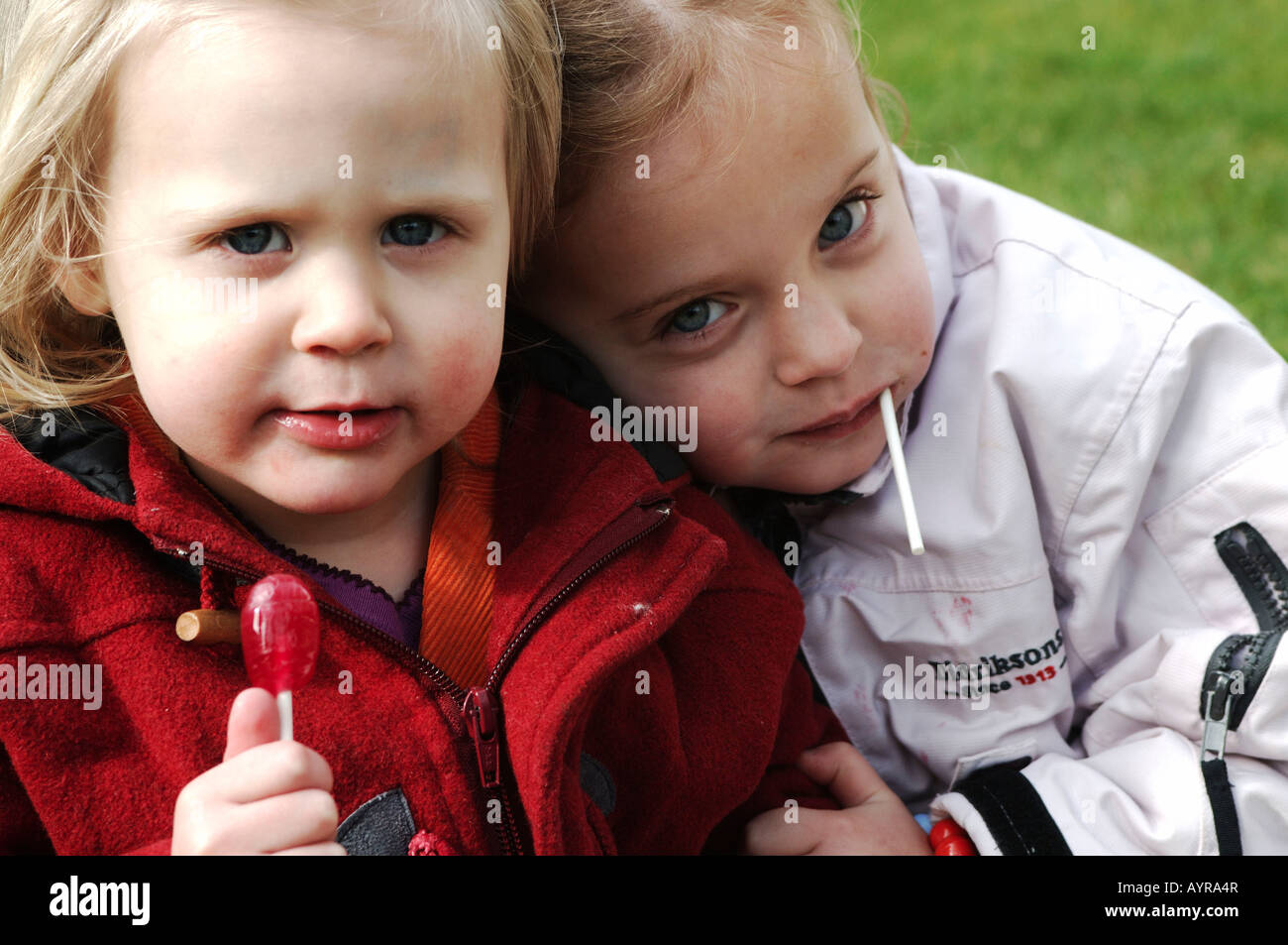 Drei Jahre altes Mädchen mit ihrer Freundin Essen ein lolly Stockfoto Drei Jahre altes Mädchen mit ihrer Freundin Essen ein lolly Stockfoto