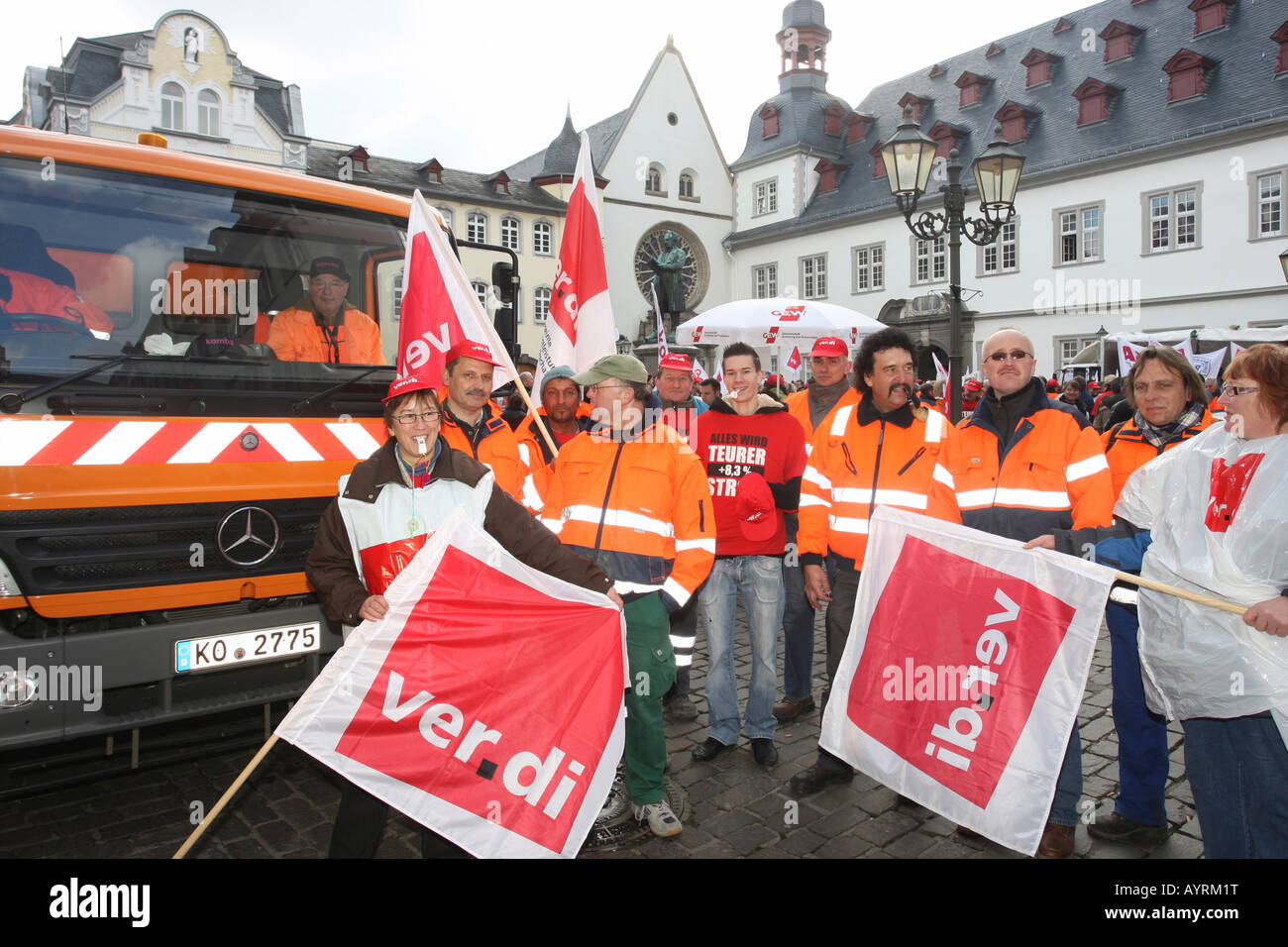 Achtung Streik, deutsche Gewerkschaftsmitglieder, Koblenz, Rheinland-Pfalz, Deutschland, Europa Stockfoto