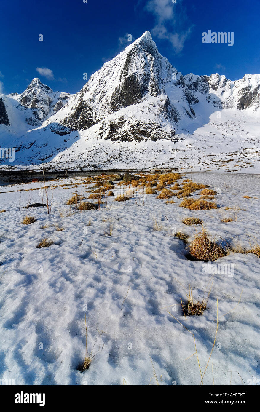 Bergige Winterlandschaft, Lofoten Inseln, Norwegen, Scandinavia Stockfoto