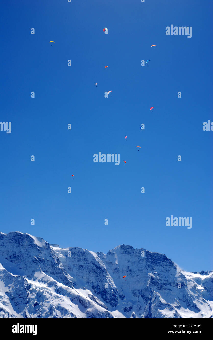 Parasails schweben über Berner Alpen Winter bei Mürren Lauterbrunnen Switzerland Stockfoto