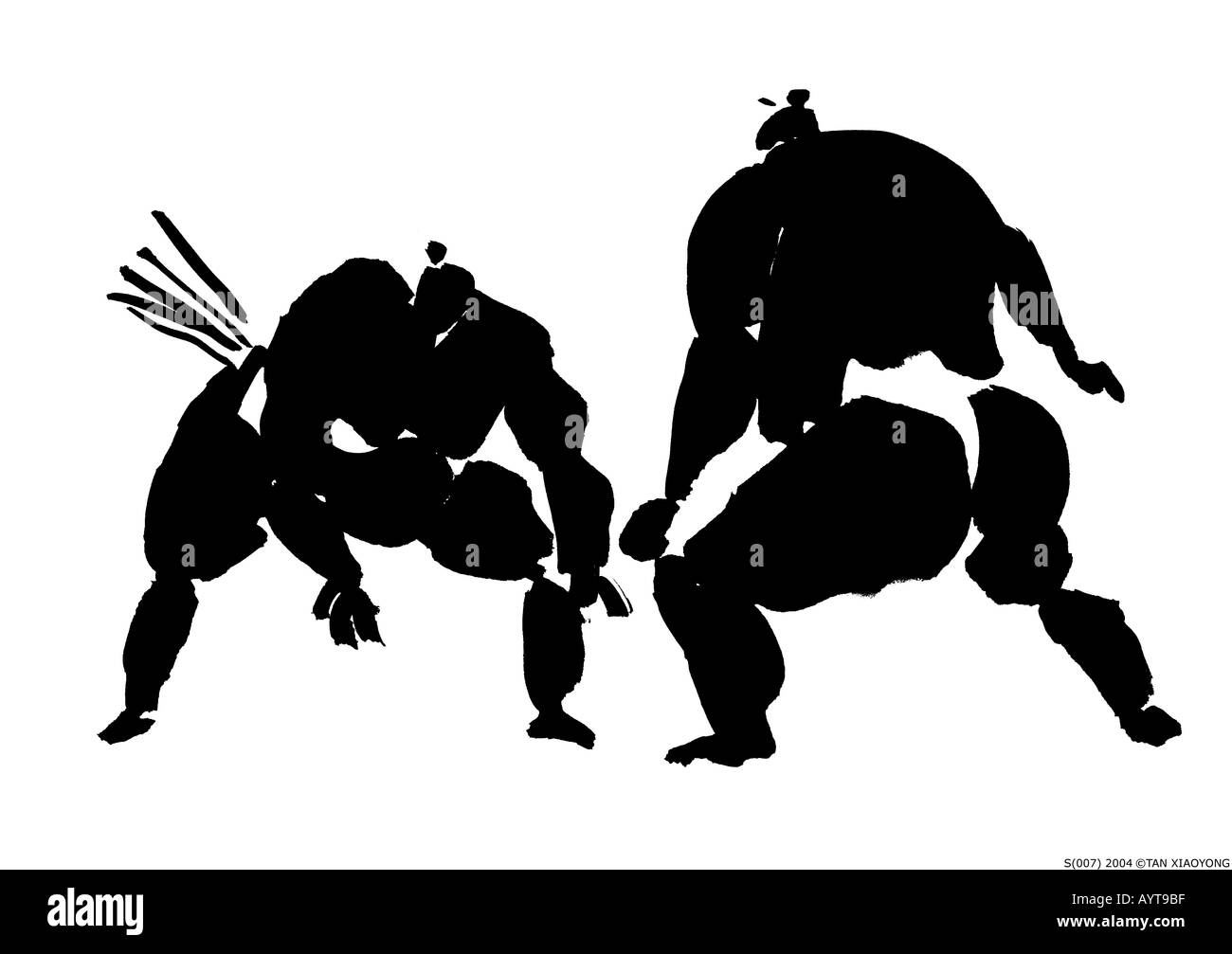 Künstlerische schwarzer Tinte Gemälde von zwei Sumo-Ringer Stockfoto