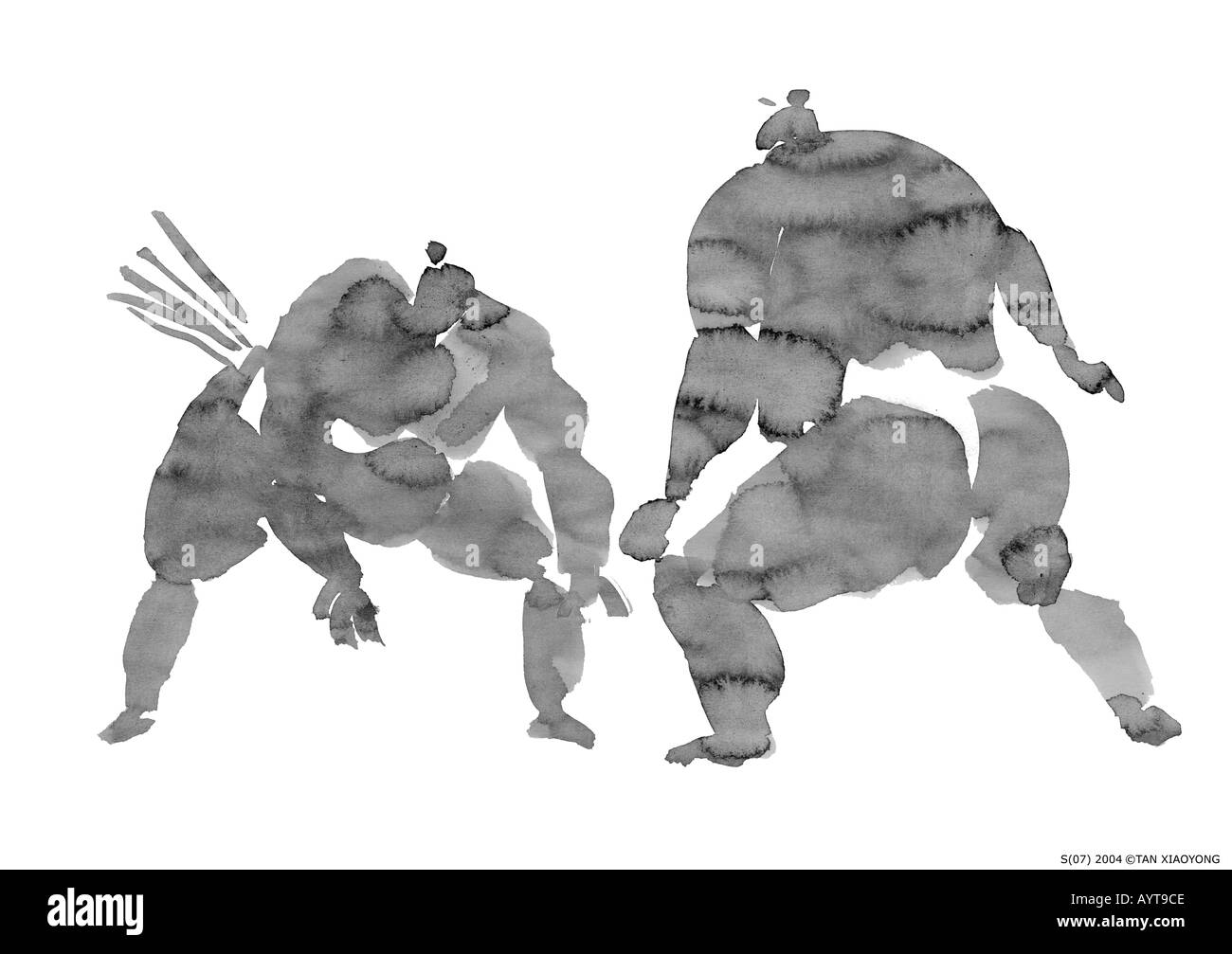 Künstlerische schwarzer Tinte Gemälde von zwei Sumo-Ringer Stockfoto