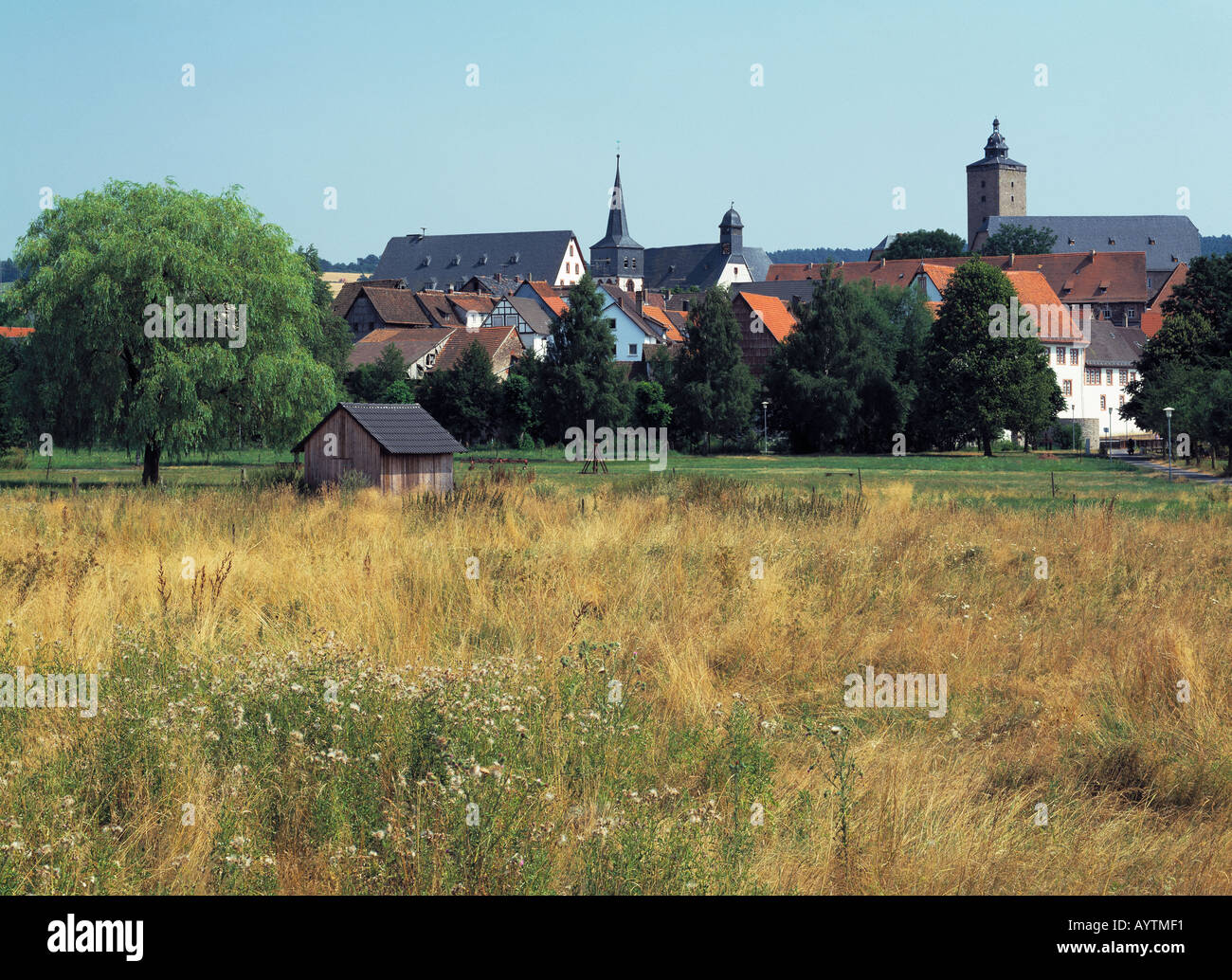 Stadtpanorama, Stadtsilhouette, Wiesenlandschaft, Steinau eine der Strasse, Kinzigtal, Naturpark Hessischer Spessart, Hessisches Bergland, Hessen Stockfoto