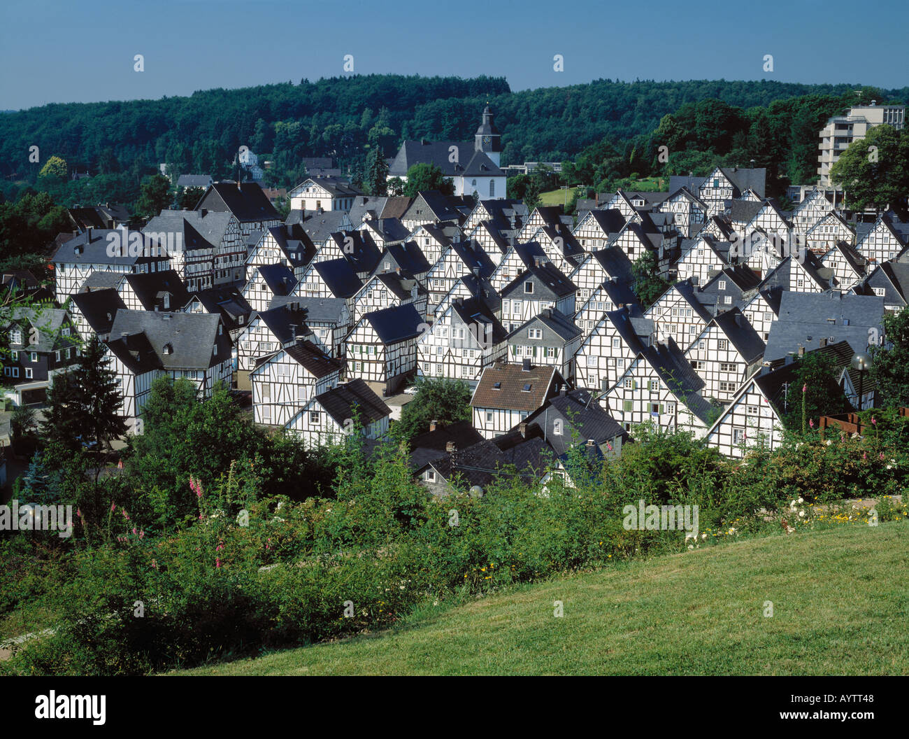 Fachwerkhaeuser Alter Flecken in Freudenberg, Siegerland, Sauerland, Nordrhein-Westfalen Stockfoto