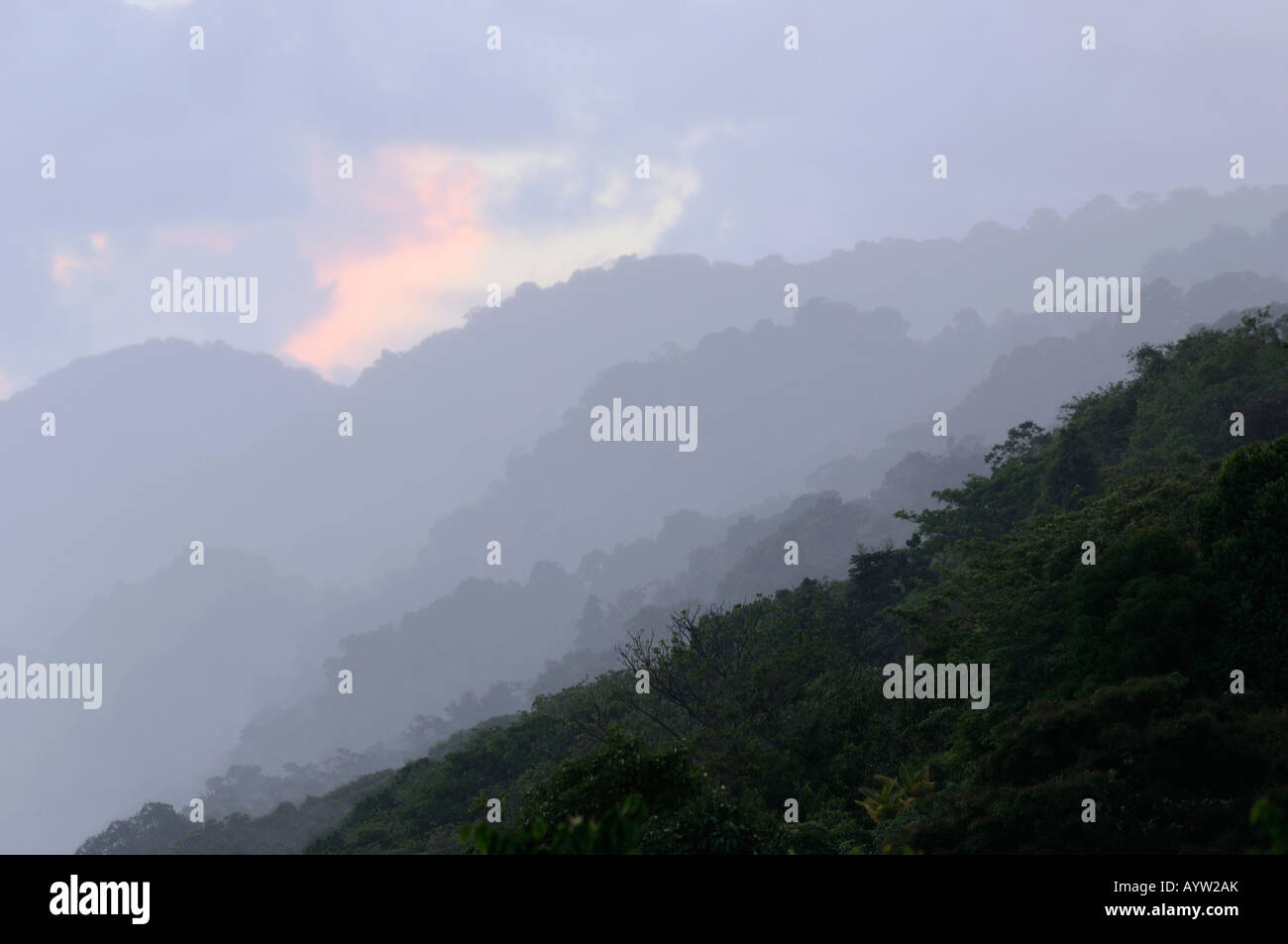 Zurückweichenden dampfende Hügel an der Küste der Halbinsel Osa in der Abenddämmerung in Costa Rica Stockfoto